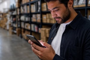 Smartphone Reseller in Warehouse Close Up
