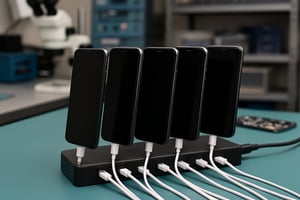 photographic create a professional image of multiple smartphones plugged into a hub in a device diagnostic engineer refurbishment environment