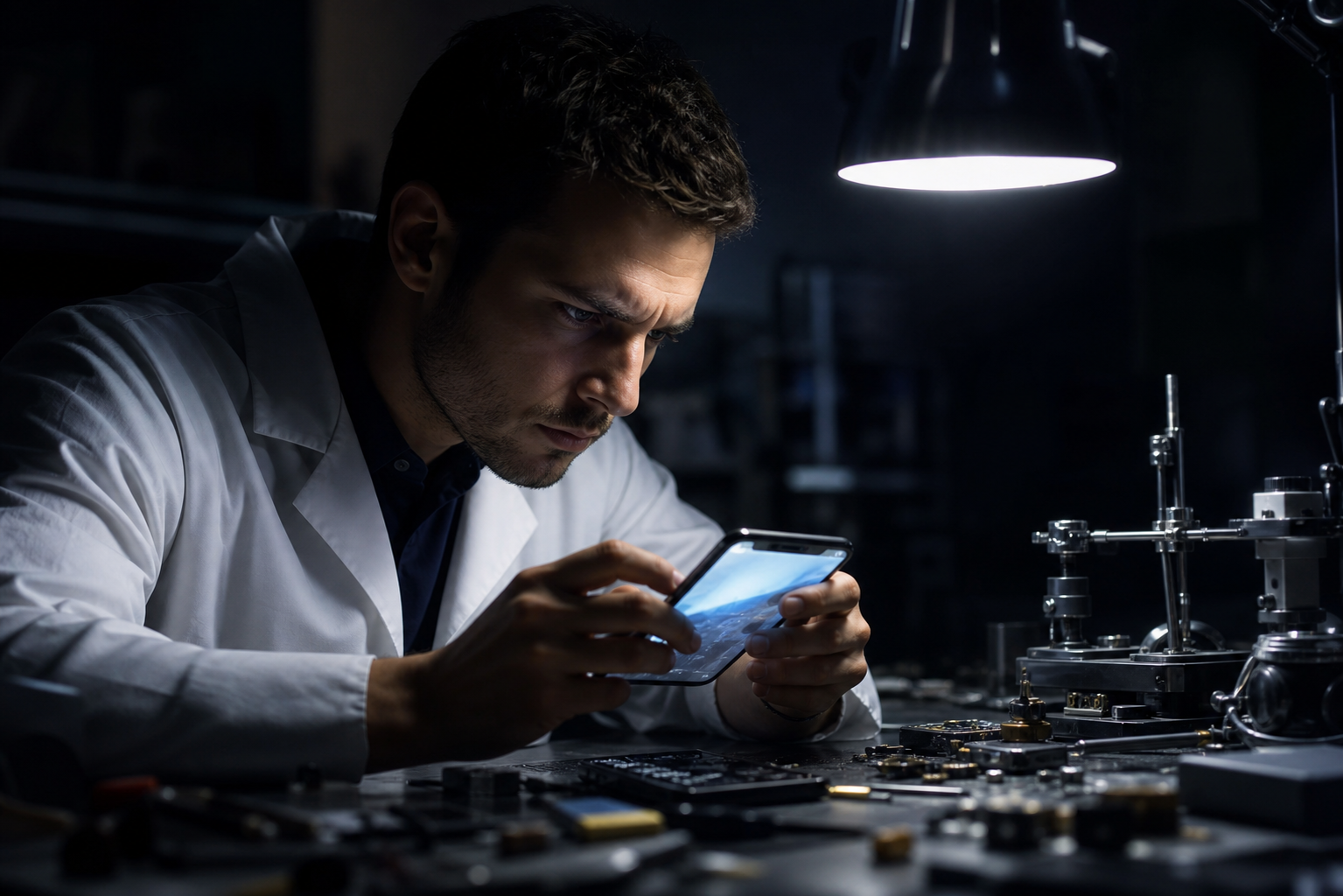 Engineer Testing Smartphone in Dark Lab Engineer Testing Smartphone in Dark Lab