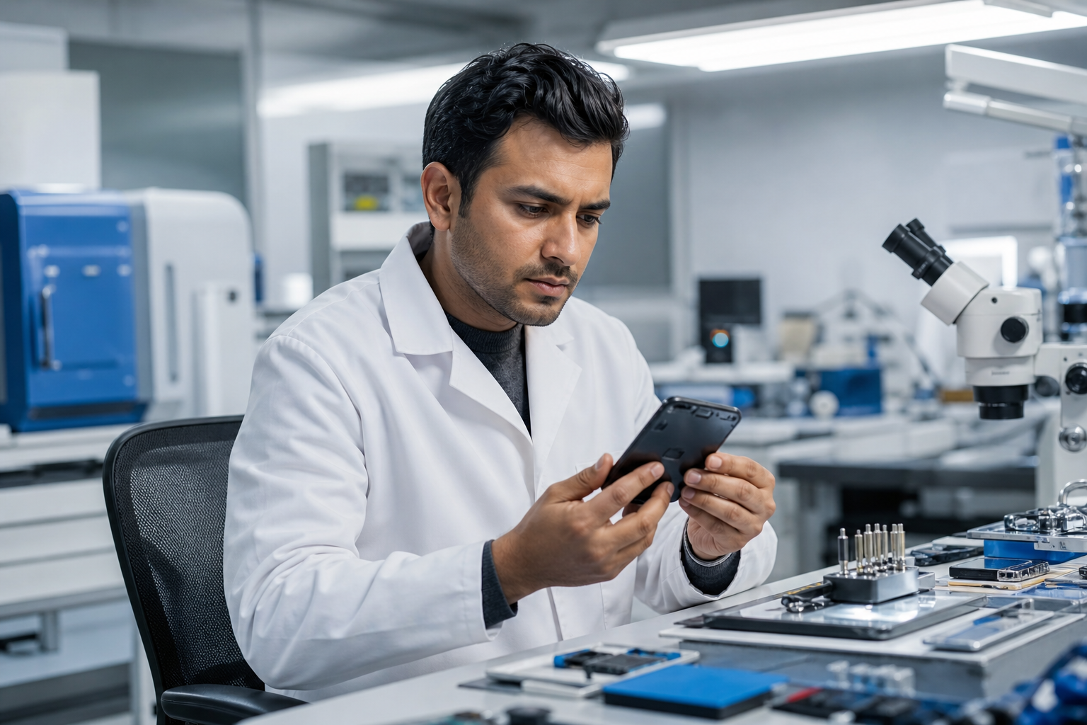 Technical Engineer Inspecting Smartphone Technical Engineer Inspecting Smartphone