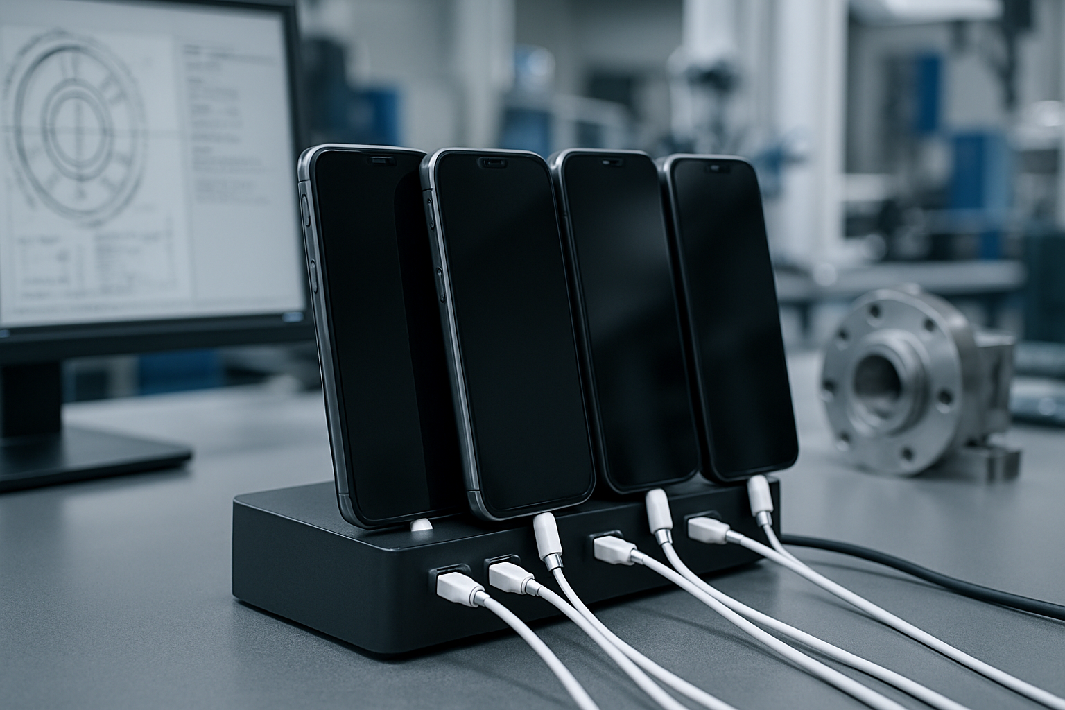 photographic create an image with multiple smartphones plugged into a hub in a professional engineering environment photographic create an image with multiple smartphones plugged into a hub in a professional engineering environment
